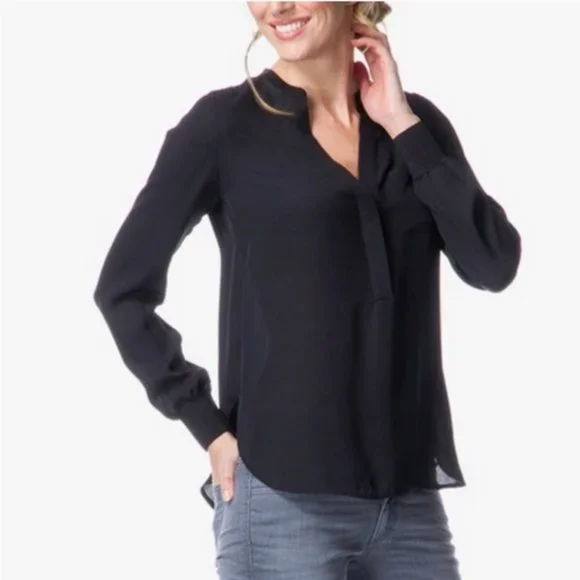 VINCE Black Rib Trim Half Placket Silk Popover Blouse Size 2 - Picture 1 of 13